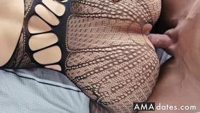 Brunette in Bodystocking Gets Pussy Filled with Cum