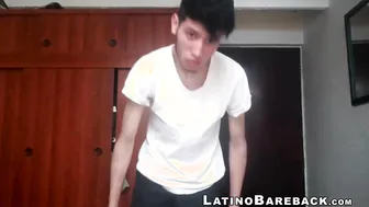 Skinny Latin twink jerks his huge cock and cums on cam