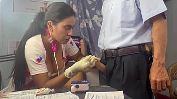 doc threesome, she extracts his cum and fucks the sexy, large-boobed, curvy patient