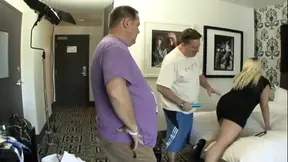 Blonde Pawg and Angus double team hotel staffer in a spitroast