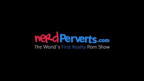 Busty British slut interviewed before sucking on nerd cock
