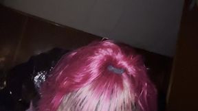POV fiiesty pink haired babe in black vinyl gives amazing BJ