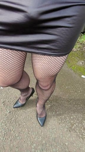 Squirt through fishnets in public. Walk and wank outdoors.