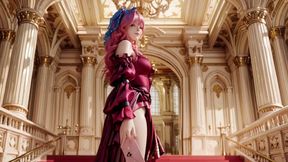The Pink Queen's Coronation! Deep red silk, golden goblet, and a lazy gaze from the throne. Pure fantasy.