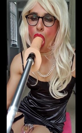 Testing the speeds of my fucking machine, hitting the back of my throat whilst wearing a vibrating butt plug, tight black satin