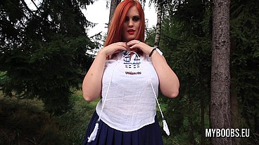Huge tits redhead Alexsis Faye in forest Bra fetish and bouncing boobs