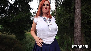 Huge tits redhead Alexsis Faye in forest Bra fetish and bouncing boobs
