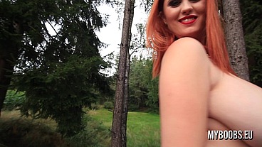 Huge tits redhead Alexsis Faye in forest Bra fetish and bouncing boobs