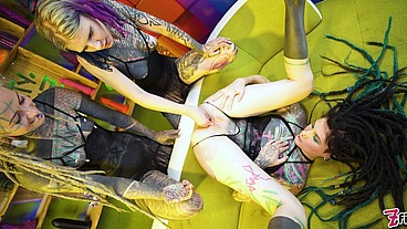 Inked girls take on huge toys, getting their holes gaped wide