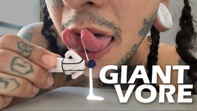 Giant plays with tiny human, lets him smell it and devours him after spilling his milk on his face.