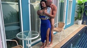 hotwife milf seduced stranger at hotel pool in blue dress & swallowed his cum