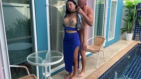 hotwife milf seduced stranger at hotel pool in blue dress & swallowed his cum