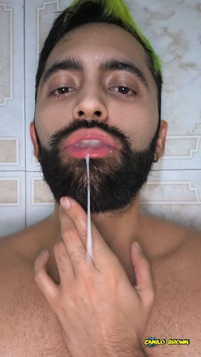 Camilo Brown Jerking His Big Uncut Cock in the Shower and Eating His Own Cum