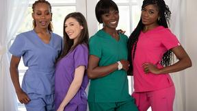 ”Nurses rest at nearby house after long shift. - Ana Foxxx, Jenna Foxx, Maya Woulfe, Nicole Kitt”