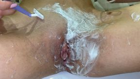 Shaving unshaven pussy close up! Cute blonde with natural tits! POV!