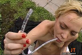 Blonde Silicone Slut Swallows 28cm BBC in Mouth, Pussy & Ass by the Pool