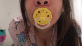 My Stepsister sucking pacifier in the bathroom and masturbating to orgasm in a pajamas, she loves the pacifier very much