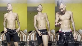 novinho dotado de pau duro no short tactel falando muita putaria e gozando