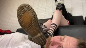 Slave's disgusting face as a footstool under My dirty DrMartens boots