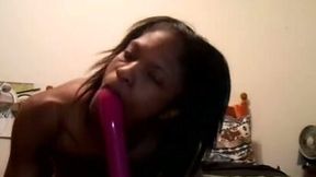 Small tittied hoe sucking big dildo in amateur video