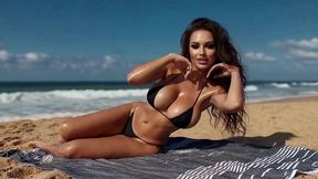 naughty brunette in tiny black bikini beach tease - deepthroat bj & massive cumshot