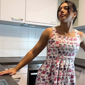 Hot Brunette Bored Wife in a Mini Modified Sun Dress to Flash her Tight Shaved Pussy in the Kitchen