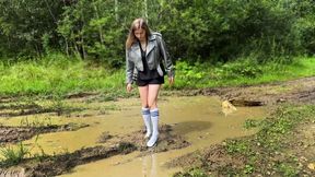 Black stockings in mud, white knee high socks in mud, nylon in mud, muddy feet, stuck feet, feet stuck in mud, girl stuck in mud