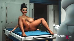 A sexy young busty ebony has hard anal sex with sex robot in the medbay