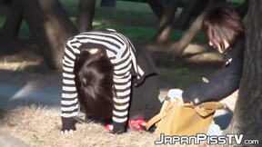 Naughty Japanese sexy girl close up caught pissing outdoors