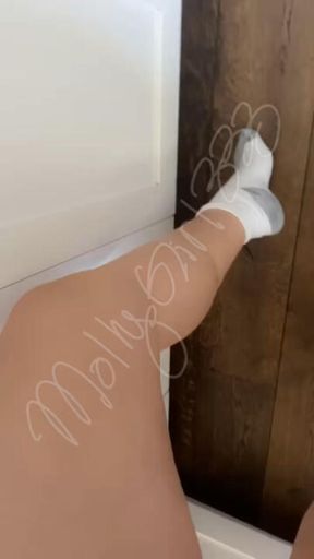 Removing my sweaty stinky sticky gym socks from my pretty pink soles