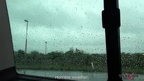 Naughty brunette gets help and fucked in the backseat