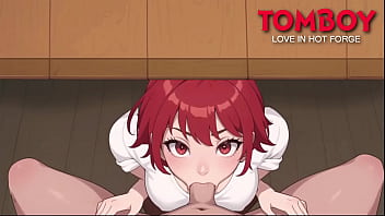 Hentai visual novel &quot_Tomboy: love in hot forge&quot_ | Tomboy girl sucking dick under table in tavern