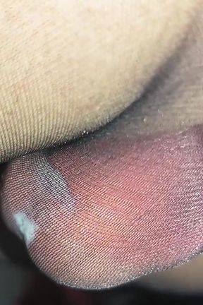 My Giant Hard Sissy Cock Cums in the Borrowed Shiny Sexy Black Pantyhose and Red Thong