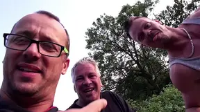 Big ass brunette enjoying in deep threesome outdoor fuck