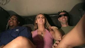 Bitchie blondie Brianna Love sits between dudes and rubs her wet pussy