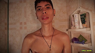 Hot Skinny Twink Jerking His Big Cock In The Shower Shooting His Thick Cum
