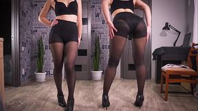 Teasing milf secretary shows off her long legs in tight pantyhose