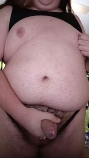 Fat guy wearing bodysuit strips and cums