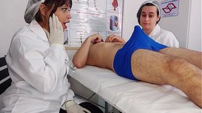 Two nurses are surprised by the patient's erection