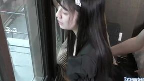 Young Asian student maid gets fucked hard and creampied in public window