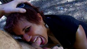 black slut gets her pussy banged in the woods