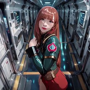 Inside the Sci-fi Train, She Wears a Tight Green Armor, Touching Her Red Lips While Gazing at the Galaxy Through the Porthole.