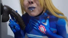 Cute Samus Femboy with BDSM Nosehook Giving a Sloppy Blowjob to BBC Dildo, Deepthroat, and Eating Semen
