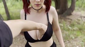 Teen with huge naturals hooks up with stranger in the woods