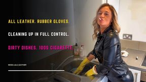 Rubber Gloves On & Smoking 100s While Doing the Washing Up – Leather Leggings & Leather Shirt at the Kitchen Sink – Glamorous Housewife Cleaning in British Accent - Miss Lulu Leather - MP4 HD