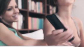 ”Brunettes kiss passionately before one licks the others cunt”