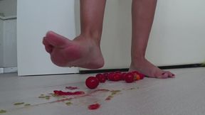 She crushed tomatoes with her bare feet and then slip on the floor a