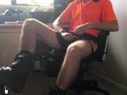 Horny tradie jerking in hi-vis in the site office