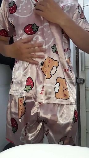 Masturbating Wearing Girl Satin Pajamas with Short Pants