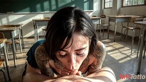 a young tattooed teacher told me to stay after class to suck my cock and fuck me. [ai]